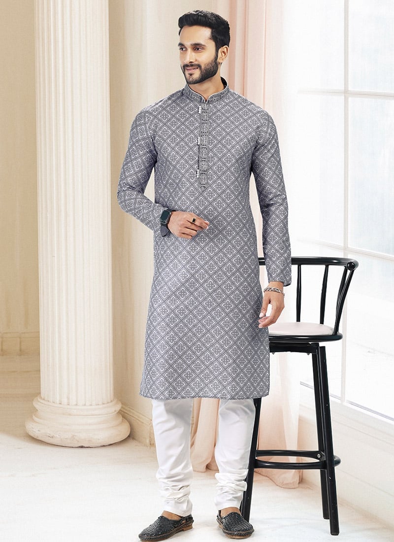 Grey Cotton Digital Printed Kurta Pyjama Festive Wear
