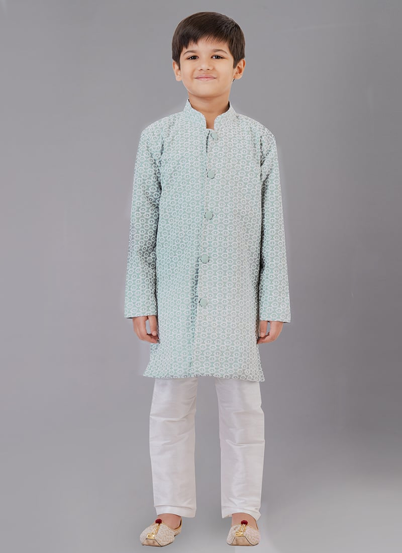 Grey Cotton Silk Embroidery Kurta Pyjama Party Wear