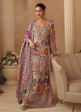 Grey Crepe Silk Sequins Gota Aari Printed Hand Embroidered Palazzo Suit
