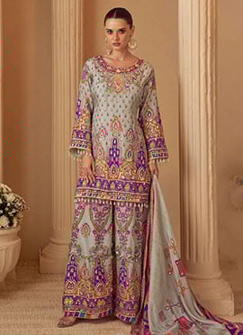 Grey Crepe Silk Sequins Gota Aari Printed Hand Embroidered Palazzo Suit