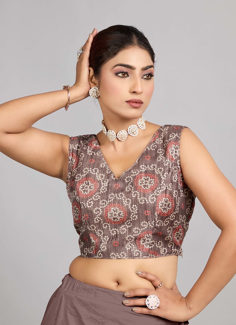 Grey Digital Print Art Silk V Neck Blouse Party Wear