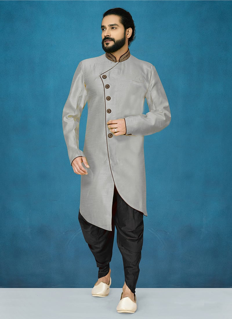 Grey Dupion Art Silk Classic Sherwani Party Wear