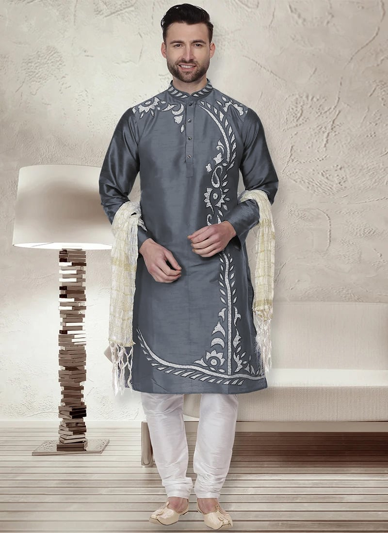 Grey Dupion Silk Kurta Pyjama Party Wear