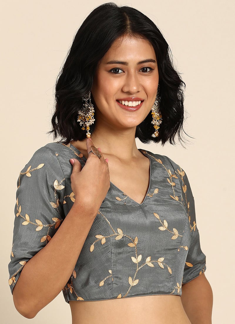 Grey Embroidered Chiffon Blouse