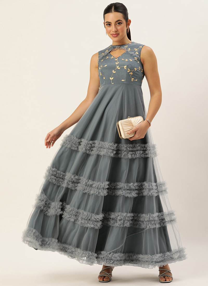 Grey Embroidered Chinon N Net Gown Festive Wear