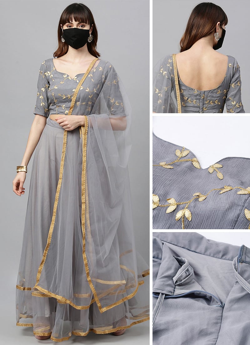 Shop Grey Embroidered Elbow Sleeves Flared Lehenga Party Wear Ready