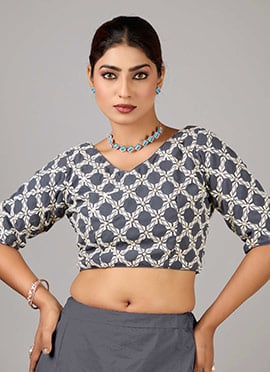 Grey Embroidered Georgette V Neck Blouse