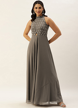 Teen Girls Grey Embroidered Halter Neck Gown