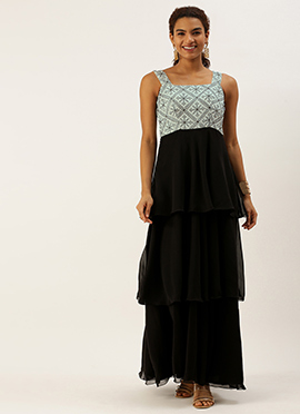 Teen Girls Grey Embroidered N Black Georgette Gown