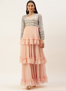 Grey Embroidered N Peach Layered Gown