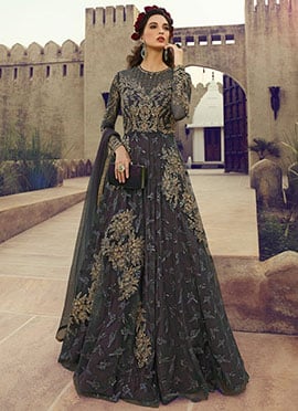 Grey Embroidered Net Anarkali Suit