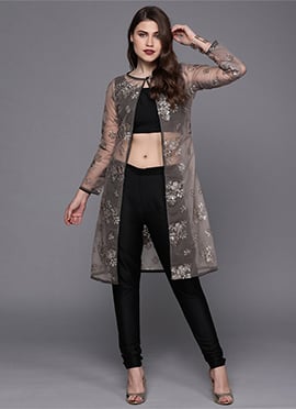 Grey Embroidered Net Jacket Style Set