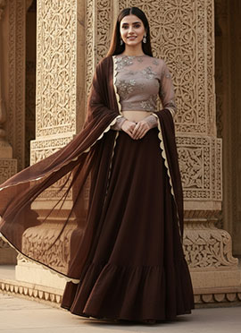 Grey Embroidered Net N Brown Lehenga Set