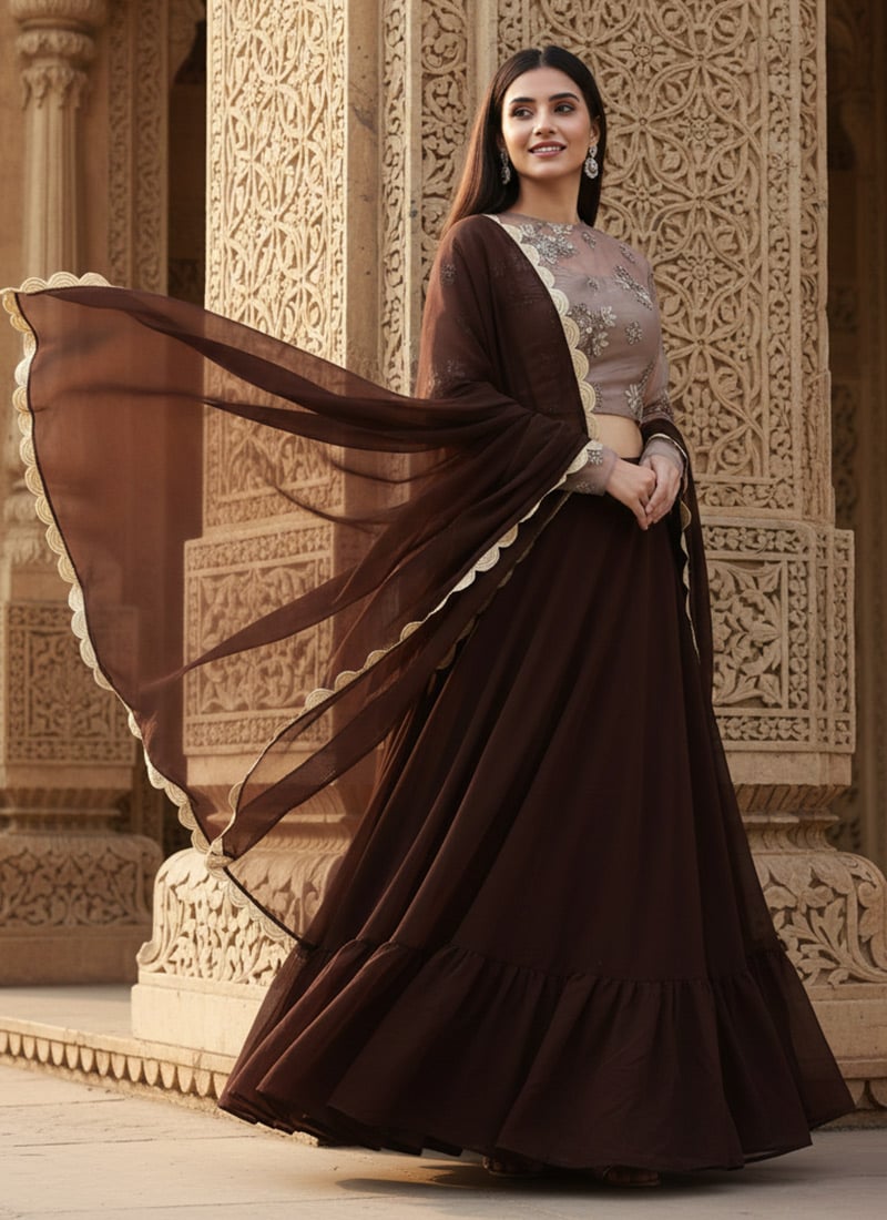 Grey Embroidered Net N Brown Lehenga Set Party Wear