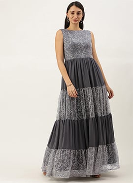 Grey Embroidered Net Tiered Gown