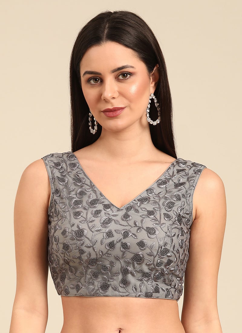 Grey Embroidered Net V Neck Blouse Wedding Wear