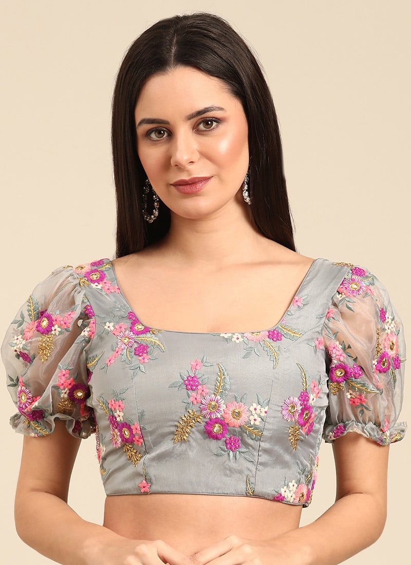 Grey Embroidered Organza Blouse Festive Wear-BLBS02407381