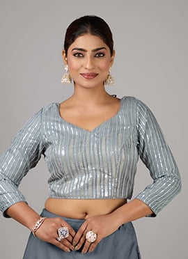 Grey Embroidered Organza Sweetheart Neck Blouse