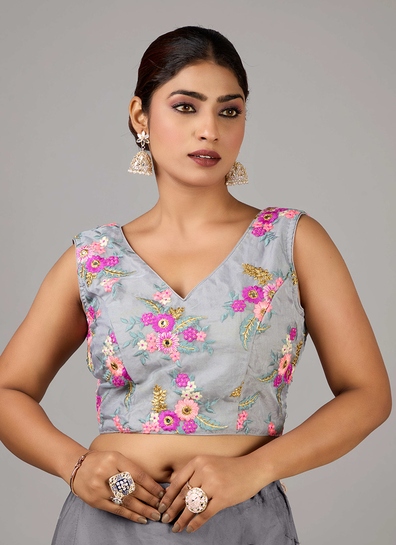 Grey Embroidered Organza V Neck Blouse