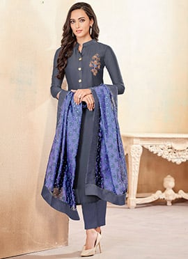 Grey Embroidered Straight Pant suit