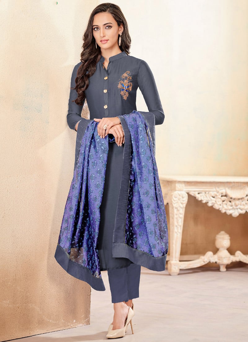 Grey Embroidered Straight Pant suit Work Wear