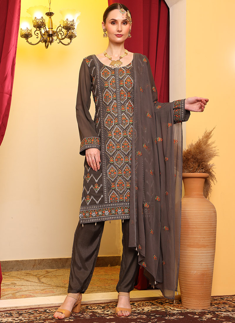 Grey Faux Georgette Embroidered Stone Pakistani Suit Party Wear
