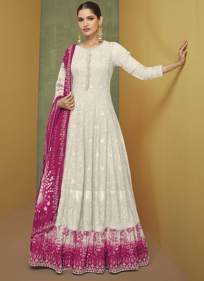 Off White Faux Georgette Embroidered Anarkali Gown Party Wear