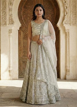 Grey Faux Georgette Zari Sequins Embroidered Umbrella Lehenga