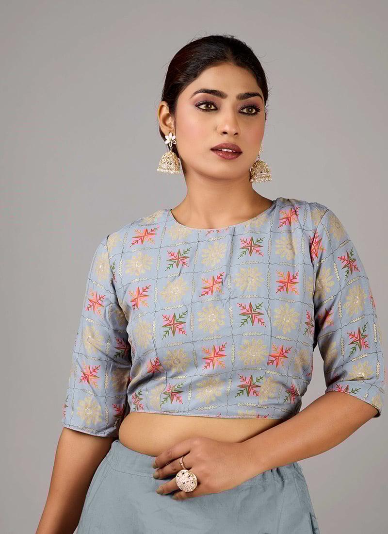 Grey Foil Print Muslin Blouse