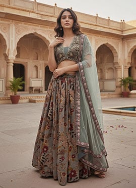 Grey Georgette Digital Print Hand Embroidered Sequins Lehenga Wedding Wear