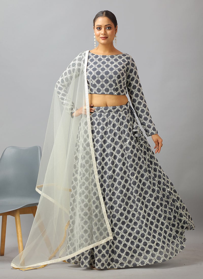 Teen Girls Grey Georgette Embroidered Lehenga Set Party Wear