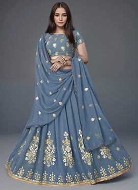 Grey Georgette Embroidered Umbrella Lehenga