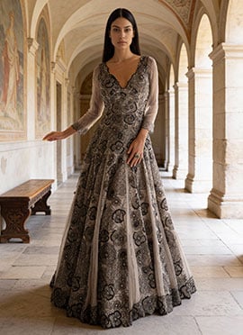 Grey Georgette Thread Embroidered Sequins Gown