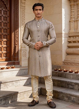 Grey Jacquard Silk Embroidered Kurta Pyjama