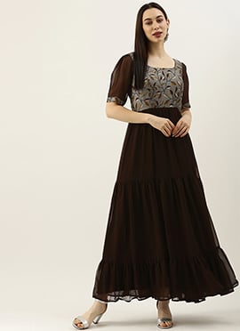 Grey Modal N Brown Geogette Gathers Dress