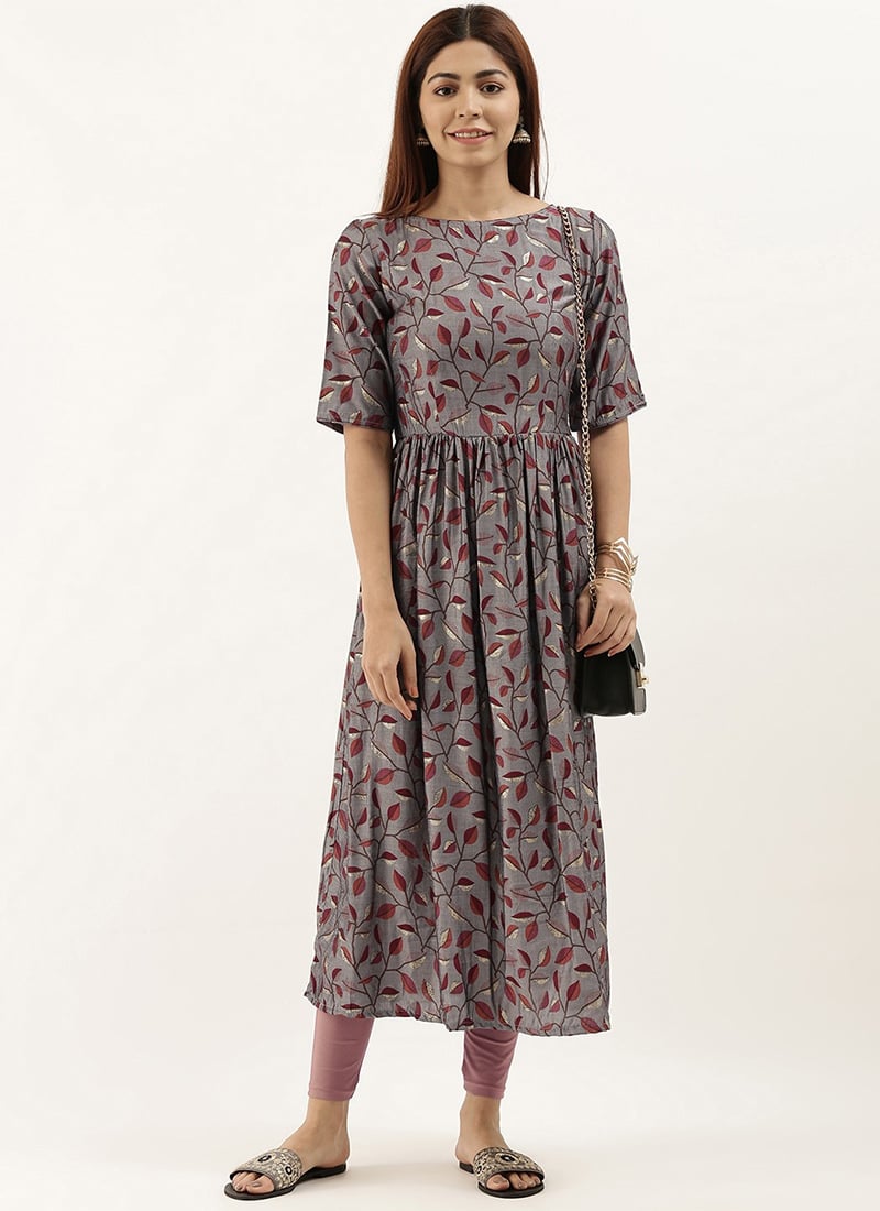 Grey Modal Silk Foil Printed Kurti Work Wear