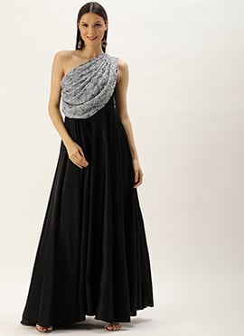 Teen Girls Grey N Black Embroidered Gown