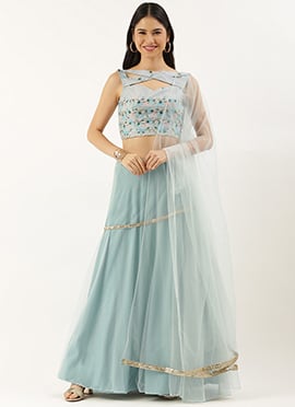 Grey N Green Embroidered Layered Lehenga