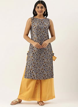 Grey N Mustard Printed Kurta Set