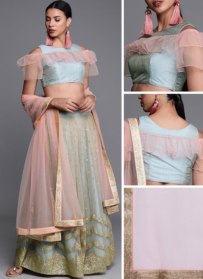 Grey N Peach Embroidered Gathered Lehenga Festive Wear