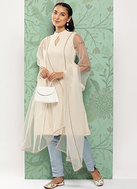 Grey N White Sequin Embroidered Straight Pant Suit