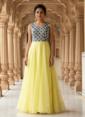 Teen Girls Grey N Yellow Embroidered Floor Length Gown