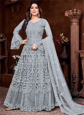 Grey Net Embroidered Anarkali Suit