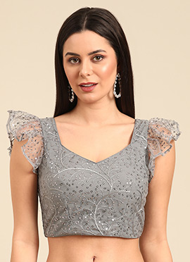 Grey Net Embroidered Pentagon Neck Style Blouse