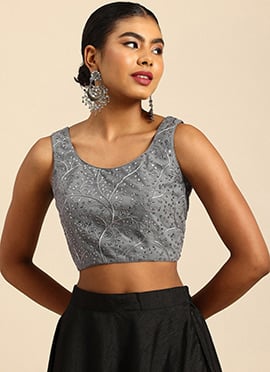 Grey Net Embroidered Sleeveless Blouse