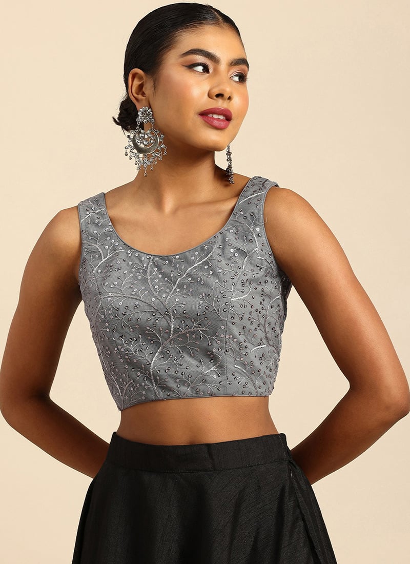 Grey Net Embroidered Sleeveless Blouse Wedding Wear