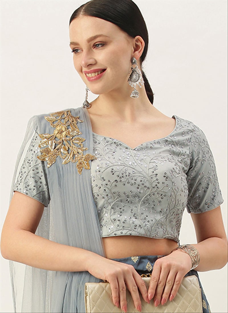 Grey Net Sequins Blouse Festive Wear