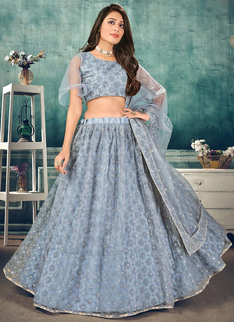 Buy Grey Net Umbrella Lehenga Party Wear, Sequins, umbrella lehenga