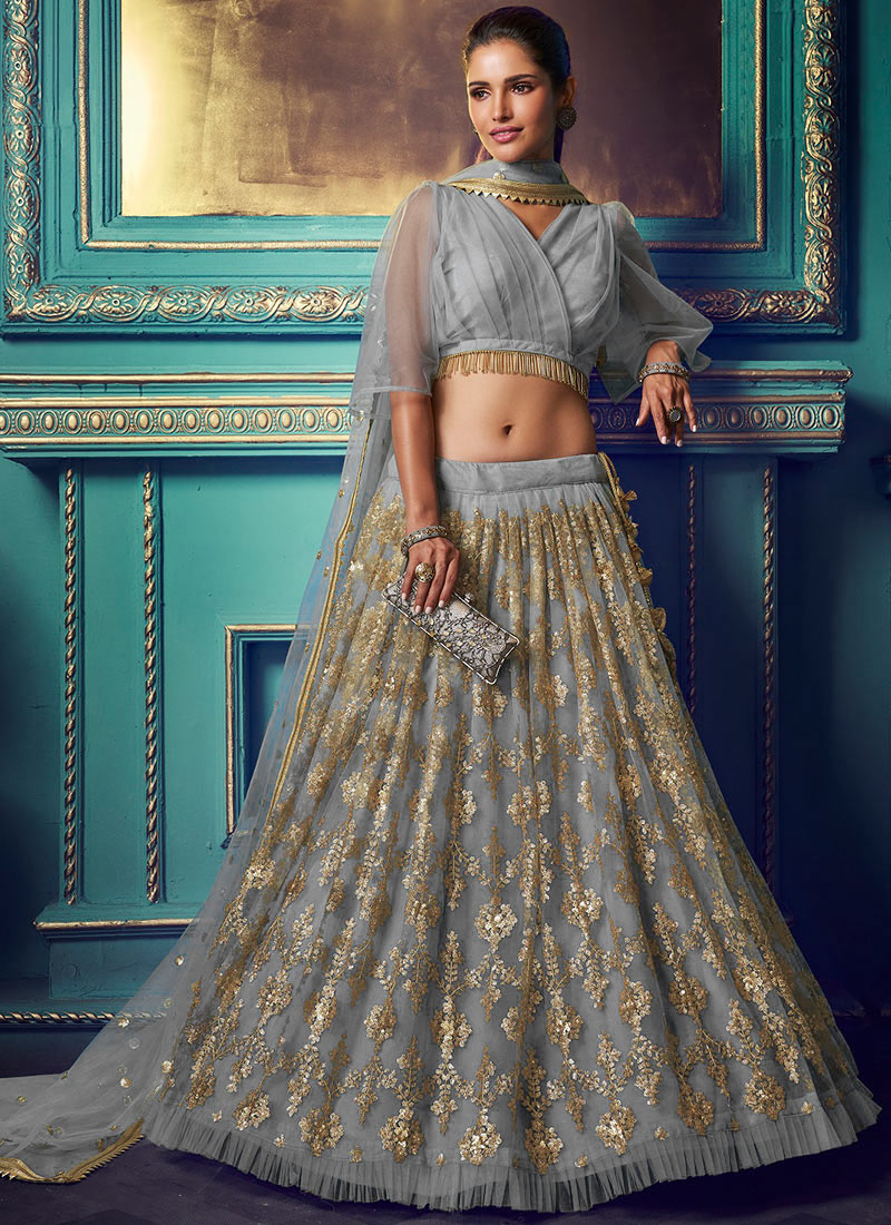 Buy Grey Net Umbrella Lehenga Party Wear, Sequins, umbrella lehenga