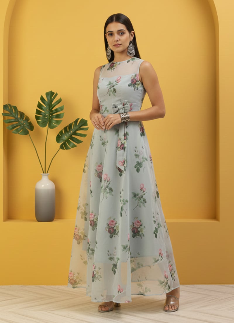 Teen Girls Grey Organza Digital Printed Dress Party Wear